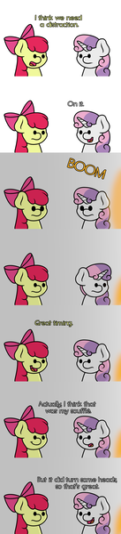 Size: 1280x5600 | Tagged: apple bloom, artist:ljdamz1119, beady eyes, caption, comic, cooking, derpibooru import, dialogue, explosion, food, safe, sweetie belle, sweetie belle can't cook, sweetie fail