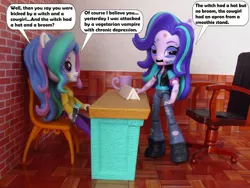 Size: 1060x795 | Tagged: safe, artist:whatthehell!?, derpibooru import, princess celestia, starlight glimmer, equestria girls, abuse, bruised, chair, classroom, clothes, cup, desk, doll, equestria girls minis, eqventures of the minis, glimmerbuse, irl, pants, photo, principal celestia, shoes, taser, toy
