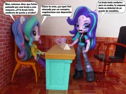 Size: 1060x795 | Tagged: safe, artist:whatthehell!?, derpibooru import, princess celestia, starlight glimmer, equestria girls, bruised, chair, classroom, clothes, cup, desk, doll, equestria girls minis, eqventures of the minis, irl, pants, photo, principal celestia, shoes, spanish, taser, toy