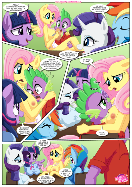Size: 1200x1697 | Tagged: questionable, artist:bbmbbf, derpibooru import, fluttershy, rainbow dash, rarity, spike, twilight sparkle, twilight sparkle (alicorn), alicorn, anthro, bat pony, comic:an apple's core is always hardcore, equestria untamed, apron, big breasts, breasts, busty fluttershy, busty rarity, busty twilight sparkle, clothed female nude female, clothed male nude female, clothes, comic, female, flutterbat, naked apron, nipples, nudity, palcomix, race swap