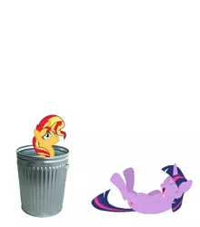 Size: 892x1014 | Tagged: safe, derpibooru import, sunset shimmer, twilight sparkle, pony, unicorn, abuse, background pony strikes again, downvote bait, into the trash it goes, laughing, op isn't even trying anymore, sad, shimmerbuse, sunsad shimmer, sunset shimmer's trash can, trash can, unicorn twilight