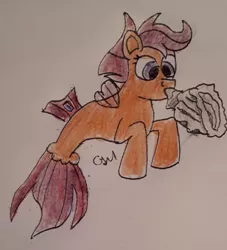 Size: 1736x1909 | Tagged: artist:rapidsnap, derpibooru import, safe, scootaloo, seaponified, seapony (g4), seapony scootaloo, solo, species swap, surf and/or turf, traditional art
