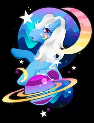 Size: 800x1054 | Tagged: safe, artist:ii-art, derpibooru import, night glider (g1), earth pony, pony, black background, design, female, g1, looking at you, mare, moon, planet, pony bigger than a planet, rearing, simple background, space, stars