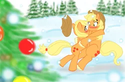 Size: 1641x1086 | Tagged: applejack, applejack (male), applejacks (shipping), artist:reina-del-caos, bauble, blushing, christmas, christmas tree, derpibooru import, female, holiday, male, rule 63, safe, selfcest, self ponidox, shipping, snow, snowfall, straight, tree