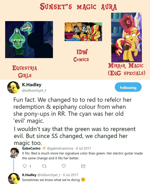 Size: 1464x1800 | Tagged: safe, derpibooru import, idw, sunset shimmer, equestria girls, equestria girls (movie), mirror magic, spoiler:eqg specials, answer, comparison, katrina hadley, magic, magic aura, meta, text, twitter