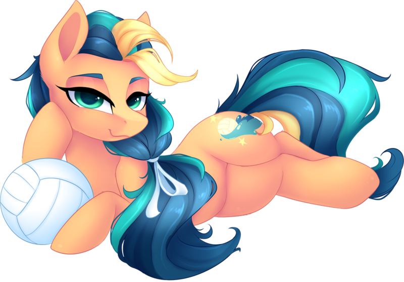 Size: 1000x699 | Tagged: safe, artist:scarlet-spectrum, derpibooru import, oc, oc:playa "spikeball" azul, unofficial characters only, earth pony, pony, commission, digital art, draw me like one of your french girls, female, looking at you, mare, prone, simple background, smiling, solo, sports, transparent background, volleyball