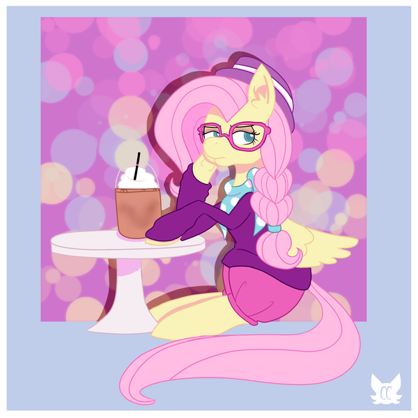 Size: 1280x1280 | Tagged: safe, artist:cckittycreative, derpibooru import, fluttershy, pegasus, pony, fake it 'til you make it, alternate hairstyle, clothes, female, glasses, hipstershy, mare, solo
