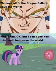 Size: 500x640 | Tagged: caption, derpibooru import, dragon ball, dragon ball (object), dragon ball z, goku, image macro, kakarot, pun, safe, son goku, spike, super saiyan, text, twilight sparkle