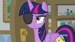 Size: 1920x1080 | Tagged: safe, derpibooru import, screencap, twilight sparkle, twilight sparkle (alicorn), alicorn, pony, friendship university, disguise, eyepatch, eyepatch (disguise), fake cutie mark, paper-thin disguise, solo