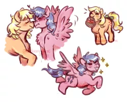 Size: 1024x819 | Tagged: safe, artist:ghostofblueberries, derpibooru import, applejack (g1), firefly, pony, apple, applefly, basket, blushing, boop, bow, cute, female, food, g1, grin, happy, heart, kissing, lesbian, mare, mouth hold, noseboop, shipping, sketch, smiling, sparkles, tail bow