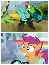 Size: 3106x4096 | Tagged: safe, derpibooru import, screencap, lightning dust, scootaloo, pegasus, pony, parental glideance, the washouts (episode), spoiler:s08, clothes, female, filly, helmet, mare, uniform, washouts uniform