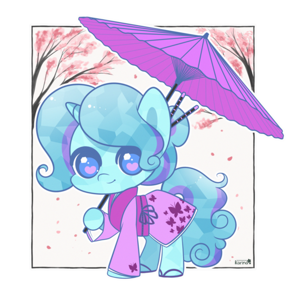 Size: 900x900 | Tagged: safe, artist:exceru-karina, derpibooru import, oc, oc:winter doodle, crystal pony, unicorn, clothes, crystal unicorn, horn, japanese, kimono (clothing), solo, unicorn oc