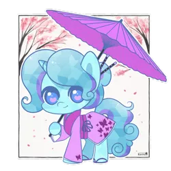 Size: 900x900 | Tagged: safe, artist:exceru-karina, derpibooru import, oc, oc:winter doodle, crystal pony, unicorn, clothes, crystal unicorn, horn, japanese, kimono (clothing), solo, unicorn oc