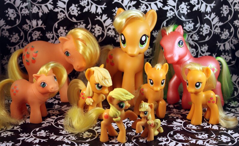 Size: 2712x1656 | Tagged: applejack, applejack (g1), applejack (g3), baby applejack, derpibooru import, g1, g3, g4, irl, multeity, photo, safe, toy