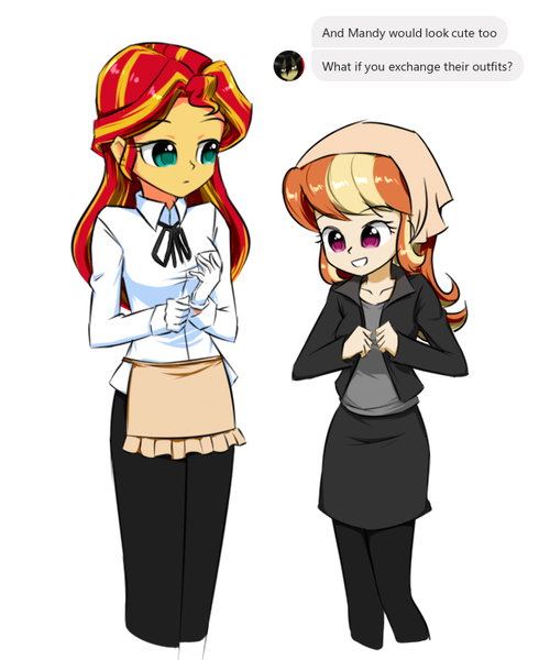 Size: 609x746 | Tagged: safe, artist:twilite-sparkleplz, derpibooru import, sunset shimmer, oc, oc:mandarine mélange, equestria girls, clothes, clothes swap, female, gloves, simple background, smiling, white background