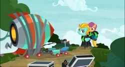 Size: 1740x933 | Tagged: safe, derpibooru import, screencap, lightning dust, scootaloo, pegasus, pony, the washouts (episode), clothes, duo, female, filly, helmet, mare, pint-sized dynamite, rocket, uniform, washouts uniform