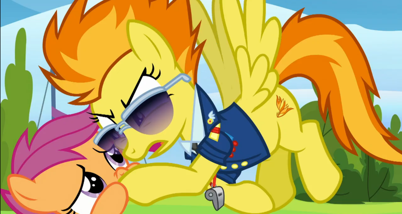 Size: 1736x924 | Tagged: safe, derpibooru import, screencap, scootaloo, spitfire, pegasus, pony, the washouts (episode), bitchfire, clothes, duo, female, filly, mare, possible backlash incoming, sunglasses, uniform, wonderbolts dress uniform