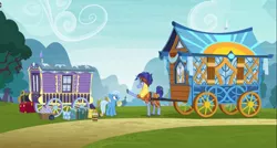 Size: 1735x933 | Tagged: safe, derpibooru import, screencap, hoo'far, trixie, pony, saddle arabian, unicorn, road to friendship, duo, female, hoo'far's wagon, looking at each other, male, mare, stallion, trixie's wagon, wagon