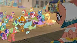 Size: 1573x881 | Tagged: safe, derpibooru import, screencap, applejack, desert flower, iahjmehet, lunar bay, mosiah, nephthys, pepperberry (g4), rockhoof, somnambula, taperet, twilight sparkle, twilight sparkle (alicorn), alicorn, earth pony, pegasus, pony, unicorn, a rockhoof and a hard place, awkward, background pony, background pony audience, beard, clothes, eyes closed, facial hair, female, male, mare, moustache, omnambula, raised hoof, sleeping, somnambula (location), somnambula resident, stallion