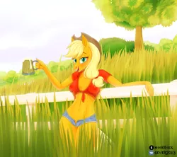 Size: 1280x1138 | Tagged: suggestive, artist:f0rever13, derpibooru import, applejack, anthro, applejack's hat, breasts, cider, clothes, cowboy hat, digital art, drink, erect nipples, fanart, female, hat, hot day, image, jpeg, looking at you, nipple outline, rcf community, solo, tankard