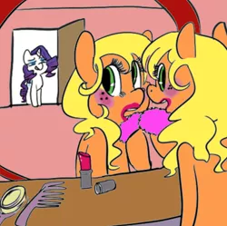 Size: 676x673 | Tagged: and then there's rarity, applejack, applejack also dresses in style, artist:mt, caught, derpibooru import, door, girly, grin, lipstick, makeup, mirror, rarity, safe, smiling, smirk, this will end in fashion, this will end in makeovers