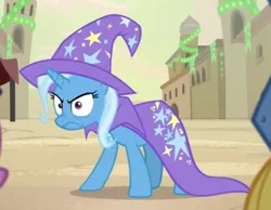 Size: 542x420 | Tagged: safe, derpibooru import, screencap, trixie, pony, unicorn, road to friendship, angry, cape, clothes, cropped, female, glare, hat, mare, solo, trixie's cape, trixie's hat