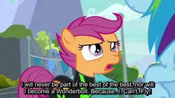 Size: 1280x720 | Tagged: safe, derpibooru import, screencap, rainbow dash, scootaloo, pegasus, pony, the washouts (episode), banner, canon, clothes, duo, duo female, emphasis, existential crisis, feels, female, filly, folded wings, mare, punctuated for emphasis, scootaloo can't fly, subtitles, text, uniform, upset, washouts uniform, wings