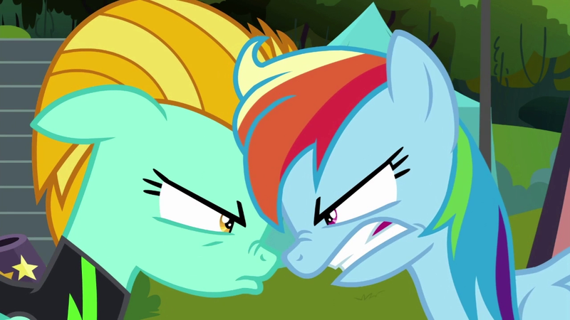 Size: 1280x720 | Tagged: angry, boop, clothes, derpibooru import, duckface, gritted teeth, lightning dust, noseboop, pouting, rainbow dash, rainbowsnap, reunion, rivalry, safe, screencap, the washouts (episode), uniform, washouts uniform