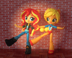 Size: 631x510 | Tagged: safe, artist:whatthehell!?, derpibooru import, applejack, sunset shimmer, equestria girls, equestria girls series, animated, classroom, clothes, dancing, doll, equestria girls minis, eqventures of the minis, irl, jacket, pants, photo, shoes, swimsuit, toy