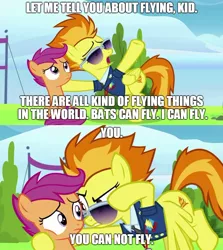 Size: 888x995 | Tagged: safe, derpibooru import, edit, edited screencap, screencap, scootaloo, spitfire, pegasus, pony, the washouts (episode), abuse, bitchfire, bully, bullying, clothes, comic, duo, emotional abuse, female, filly, foal, mare, scaredy pants, scootabuse, scootaloo can't fly, screencap comic, spongebob squarepants, sunglasses, uniform, wonderbolts dress uniform