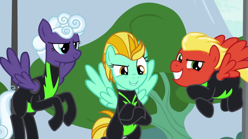 Size: 1280x720 | Tagged: safe, derpibooru import, screencap, lightning dust, rolling thunder, short fuse, pegasus, pony, the washouts (episode), clothes, female, flight suit, flying, male, mare, raised eyebrow, smiling, smug, stallion, the washouts, trio, uniform, washouts uniform