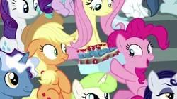 Size: 1280x720 | Tagged: safe, derpibooru import, screencap, applejack, fluttershy, moonlight raven, pinkie pie, rarity, earth pony, pony, the washouts (episode), "scootaloo's super-difficult stunt" special cupcakes, duo focus, female, mare