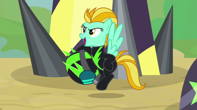 Size: 1280x720 | Tagged: safe, derpibooru import, screencap, lightning dust, pegasus, pony, the washouts (episode), clothes, female, flying, helmet, mare, open mouth, solo, uniform, washouts uniform