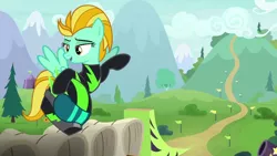 Size: 1280x720 | Tagged: safe, derpibooru import, screencap, lightning dust, pegasus, pony, the washouts (episode), clothes, female, flying, goggles, helmet, hill, mare, path, pointing, solo, uniform, washouts uniform