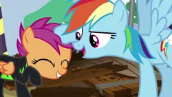 Size: 1280x720 | Tagged: safe, derpibooru import, screencap, rainbow dash, scootaloo, pegasus, pony, the washouts (episode), clothes, cute, cutealoo, duo, eyes closed, female, filly, foal, mare, pint-sized dynamite, scootalove, uniform, washouts uniform