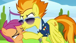 Size: 1280x720 | Tagged: safe, derpibooru import, screencap, scootaloo, spitfire, pegasus, pony, the washouts (episode), clothes, duo, faic, female, filly, foal, great moments in animation, mare, out of context, sunglasses, uniform, whistle, wonderbolts dress uniform