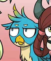 Size: 220x266 | Tagged: safe, artist:uotapo, derpibooru import, edit, gallus, sandbar, yona, gryphon, the hearth's warming club, comic, cropped, gallus is not amused, i can't believe it's not idw, male, offscreen character, unamused