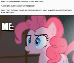 Size: 1116x956 | Tagged: safe, derpibooru import, edit, edited screencap, screencap, lightning dust, pinkie pie, earth pony, pony, party of one, the washouts (episode), drama, fandom, hypocrisy, irony, lightning dust drama, meta, nothing to see here, op has a point, redemption, text, truth, vulgar, wtf face