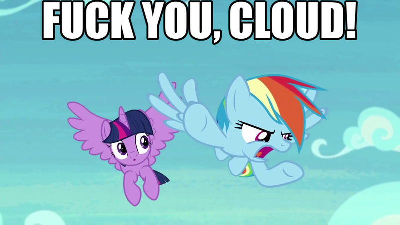 Size: 1280x720 | Tagged: safe, derpibooru import, edit, edited screencap, editor:anonycat, screencap, rainbow dash, twilight sparkle, twilight sparkle (alicorn), alicorn, pegasus, pony, the washouts (episode), duo, female, flying, mare, meme, text, vulgar