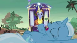 Size: 1280x720 | Tagged: safe, derpibooru import, screencap, hoo'far, trixie, pony, saddle arabian, unicorn, road to friendship, spoiler:s08, branches, bruised, cactus, chimney, chubby, clothes, coconut, coconut tree, cup, cutie mark, doors, duo, eyes closed, female, food, glowing horn, goggles, hoo'far's wagon, horn, levitation, lying down, magic, magic aura, male, mare, messy mane, on back, open mouth, roadblock, smiling, smug, stallion, stars, tea, teabag, teacup, telekinesis, tree, trixie's wagon