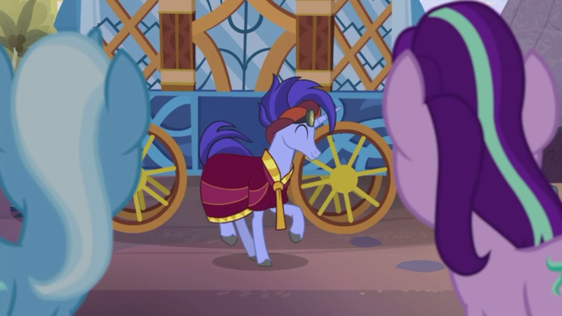 Size: 1280x720 | Tagged: safe, derpibooru import, screencap, hoo'far, starlight glimmer, trixie, pony, saddle arabian, unicorn, road to friendship, female, hoo'far's wagon, male, mare, stallion