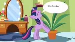 Size: 854x475 | Tagged: comic sans, derpibooru import, edit, edited screencap, exploitable meme, forced meme, green isn't your color, meme, ponyville secrets, potted plant, safe, screencap, secret pot meme, solo, speech bubble, twilight sparkle