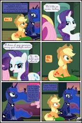 Size: 3254x4838 | Tagged: safe, artist:gutovi, derpibooru import, applejack, fluttershy, pinkie pie, princess luna, rainbow dash, rarity, twilight sparkle, alicorn, earth pony, pegasus, pony, unicorn, comic:why me!?, bed, broken window, comic, cushion, mane six, sweat, window