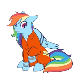 Size: 5000x5000 | Tagged: absurd resolution, artist:merry-carousel, b-f16, bound wings, chains, clothes, cuffs, derpibooru import, never doubt rainbowdash69's involvement, prisoner, prisoner rd, prison outfit, rainbow dash, safe, shackles, simple background, solo, transparent background, wings