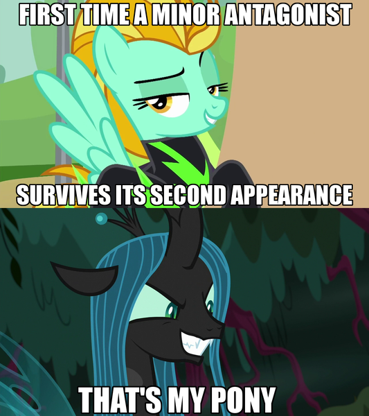 Size: 1280x1440 | Tagged: safe, derpibooru import, edit, edited screencap, screencap, lightning dust, queen chrysalis, changeling, changeling queen, pegasus, pony, the mean 6, the washouts (episode), caption, clothes, evil, female, grin, image macro, mare, meme, smiling, smirk, smug, text, that's my pony, that's my x, uniform, washouts uniform, wings