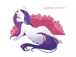 Size: 1400x1057 | Tagged: suggestive, artist:cold-blooded-twilight, derpibooru import, rarity, pony, unicorn, butt, eyeshadow, female, flower, frog (hoof), hairstyle, makeup, messy hair, messy mane, plot, rearity, rose, solo, solo female, the ass was fat, tongue out, underhoof