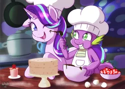Size: 4000x2857 | Tagged: safe, artist:danmakuman, derpibooru import, spike, starlight glimmer, dragon, pony, unicorn, apron, baby, baby dragon, baking, bowl, cake, chef's hat, chocolate, clothes, commission, cooking, cute, dessert, egg, egg shells, female, flour, food, friendshipping, frosting, gem, glimmerbetes, hair flip, hair over one eye, hat, jewels, kitchen, male, mare, messy, one eye closed, open mouth, pans, playful, pot, signature, spikabetes, spoon, strawberry, twilight's castle