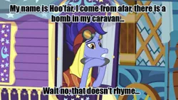 Size: 1280x720 | Tagged: safe, derpibooru import, edit, edited screencap, screencap, hoo'far, pony, saddle arabian, unicorn, road to friendship, caption, hoo'far's wagon, image macro, male, meme, pun, solo, stallion, text, trixie's wagon