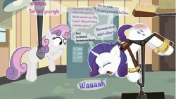Size: 2217x1247 | Tagged: suggestive, artist:rusticanon, derpibooru import, rarity, sweetie belle, pony, unicorn, comic:rarity's secret machine, abuse, abuse of power, awkward, bent over, bondage, bondage furniture, brush, comic, crying, cuffs, female, filly, forced, humiliated, humiliation, lie detector, machine, mare, misspelling, raribuse, restrained, snickering, spanking, spanking machine, speech bubble, suspended, sweat, the practical pig, top down