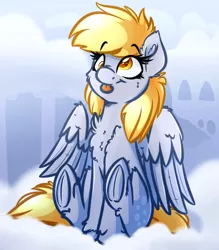 Size: 3500x4000 | Tagged: safe, artist:witchtaunter, derpibooru import, derpy hooves, pegasus, pony, :p, cheek fluff, chest fluff, cloud, cute, derpabetes, ear fluff, female, fluffy, frog (hoof), leg fluff, mare, silly, sitting, smiling, solo, tongue out, underhoof, unshorn fetlocks, weapons-grade cute, wing fluff, witchtaunter is trying to murder us